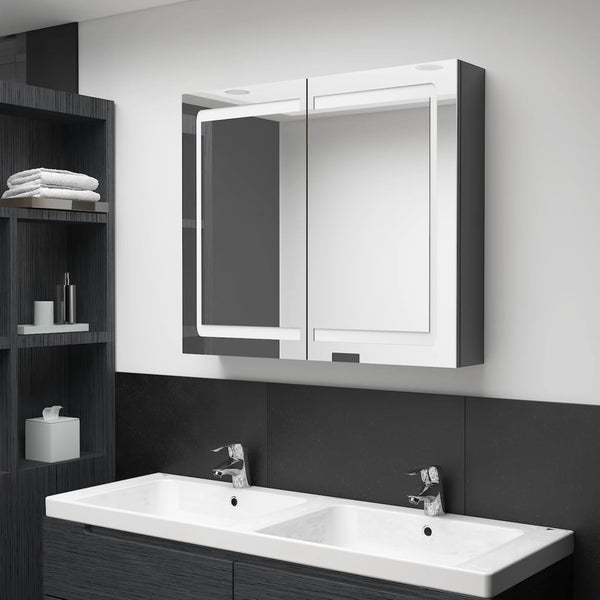Armário espelhado casa de banho LED 80x12x68 cm cinza brilhante