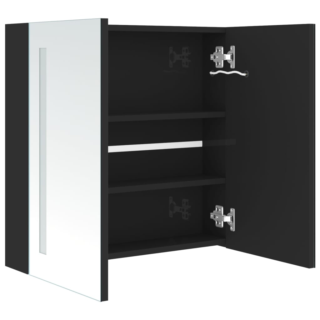 Armário espelhado casa de banho LED 62x14x60cm preto brilhante