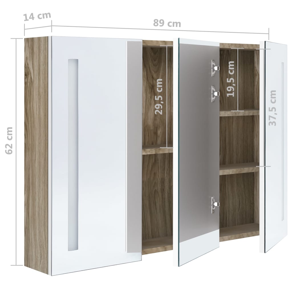 Armário espelhado casa de banho LED 89x14x62 cm branco/carvalho