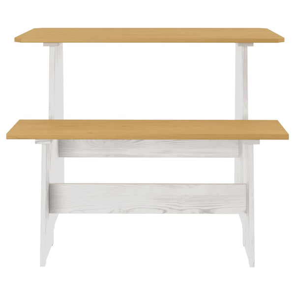 Mesa de jantar com banco REINE pinho maciço castanho mel/branco