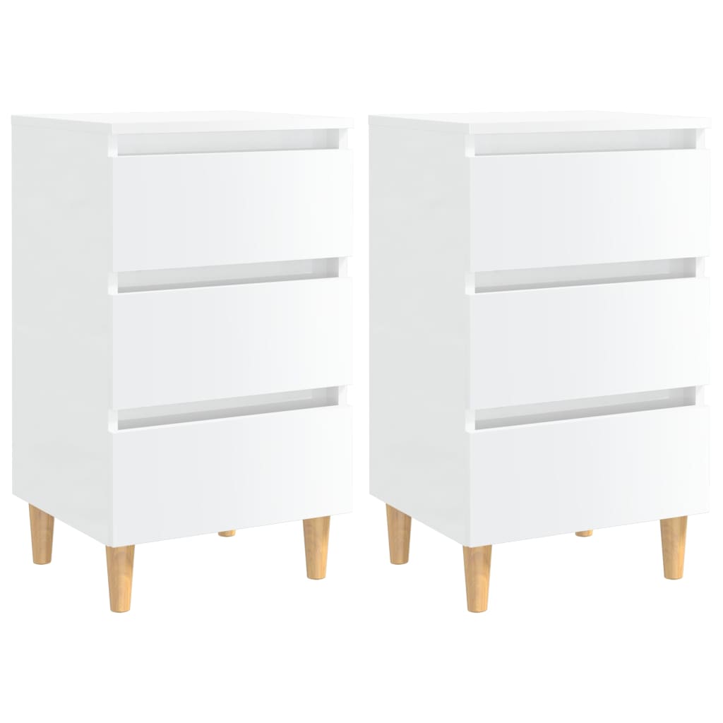 Mesas cabeceira pernas madeira 2pcs 40x35x69cm branco brilhante