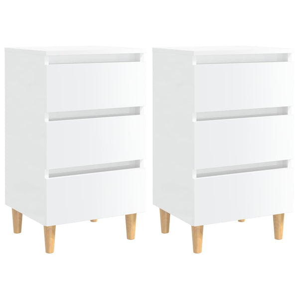Mesas cabeceira pernas madeira 2pcs 40x35x69cm branco brilhante