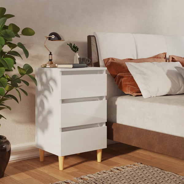 Mesas cabeceira pernas madeira 2pcs 40x35x69cm branco brilhante