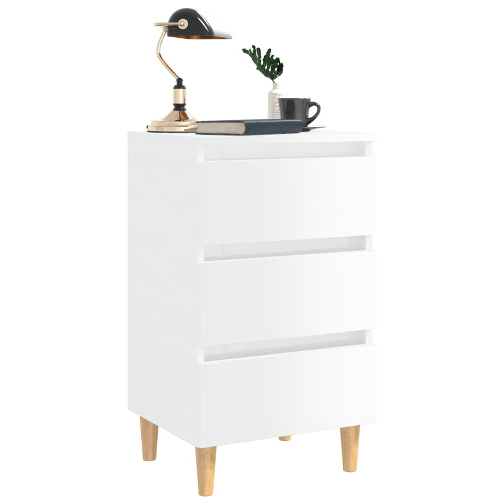 Mesas cabeceira pernas madeira 2pcs 40x35x69cm branco brilhante