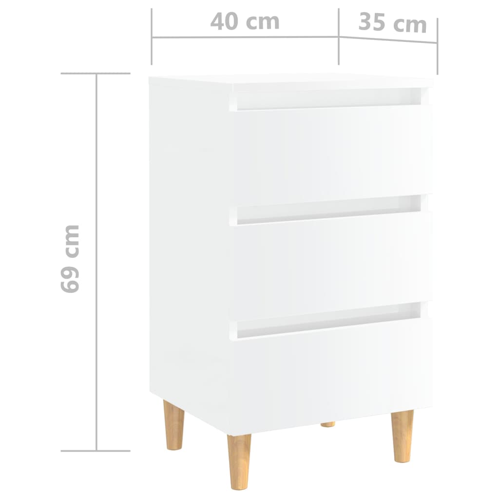 Mesas cabeceira pernas madeira 2pcs 40x35x69cm branco brilhante