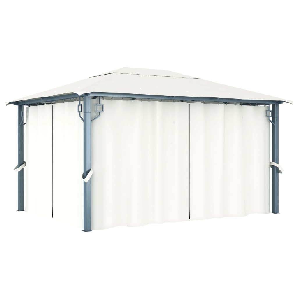 Gazebo com cortinas e cordões de luzes LED 4x3 m alumínio creme