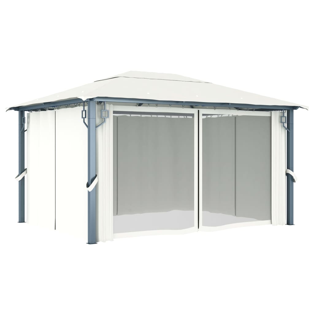 Gazebo com cortinas e cordões de luzes LED 4x3 m alumínio creme