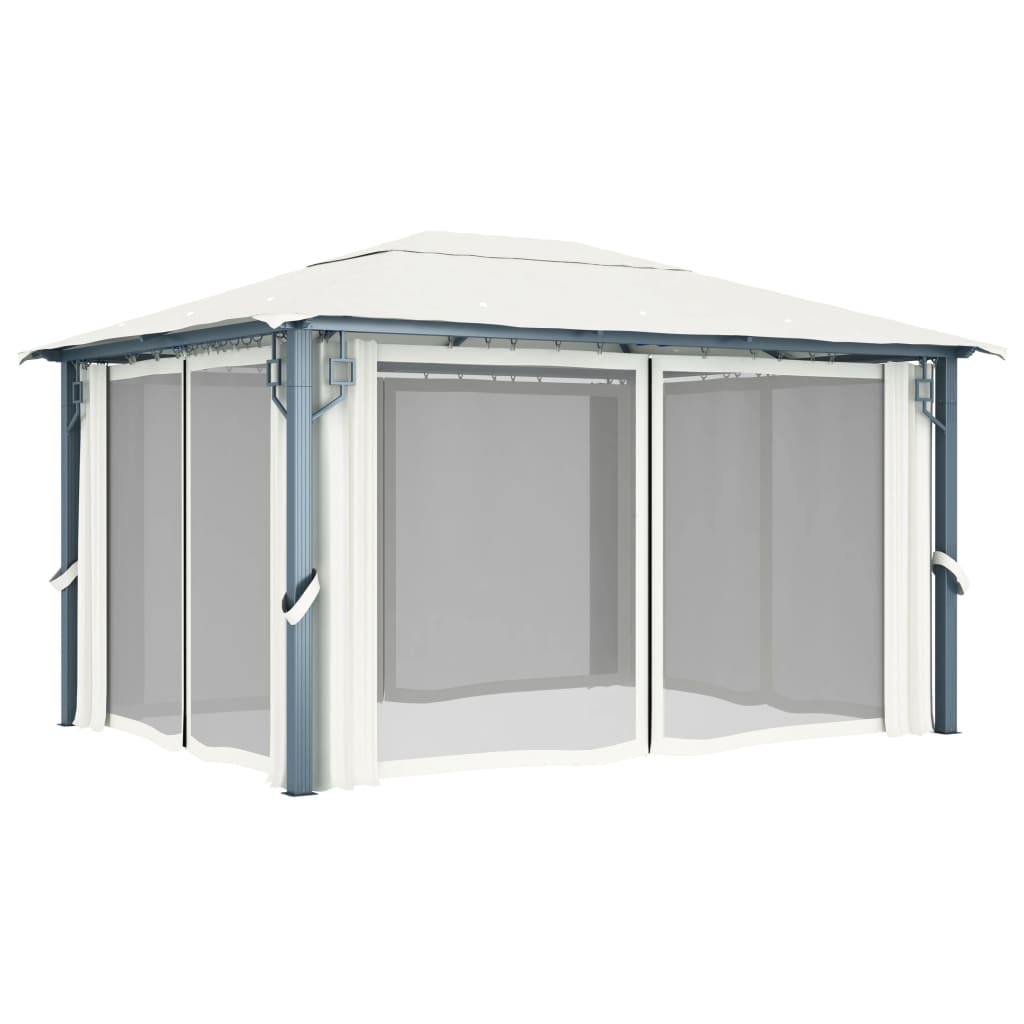 Gazebo com cortinas e cordões de luzes LED 4x3 m alumínio creme