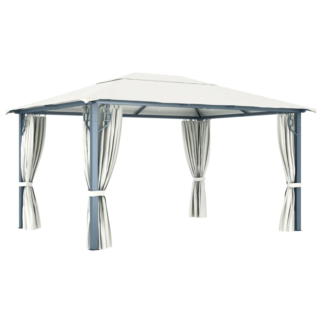 Gazebo com cortinas e cordões de luzes LED 4x3 m alumínio creme