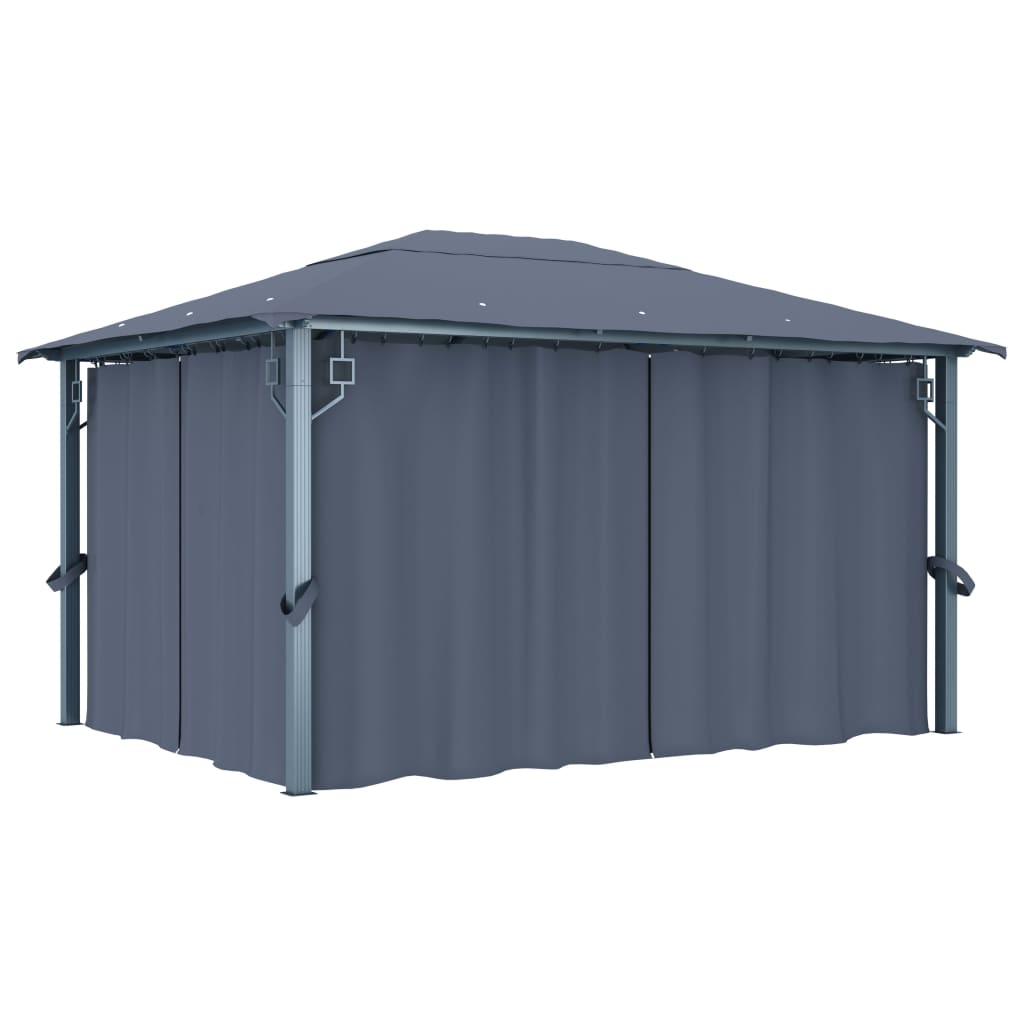 Gazebo c/ cortinas e cordões luzes LED 4x3 m alumínio antracite