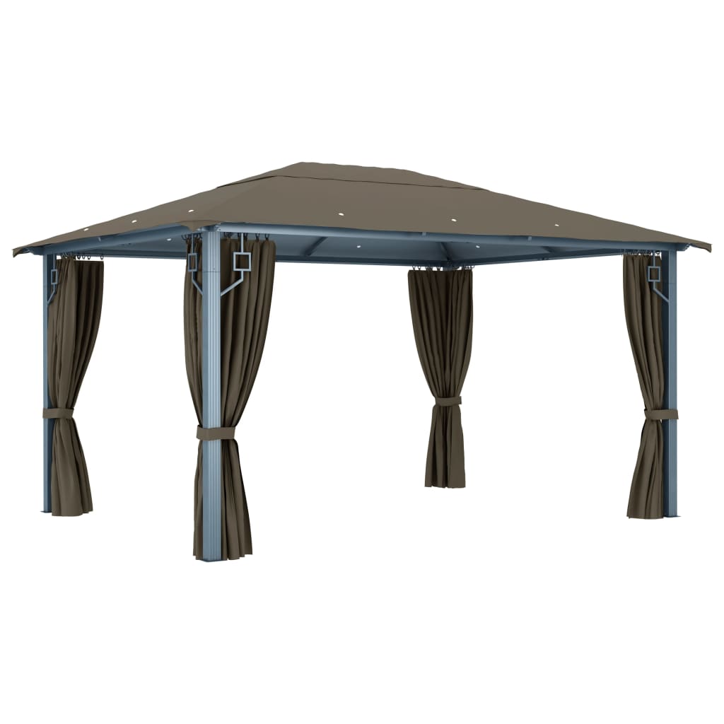 Gazebo c/ cortinas e cordões luzes LED 4x3 m alumínio cinza-ac.