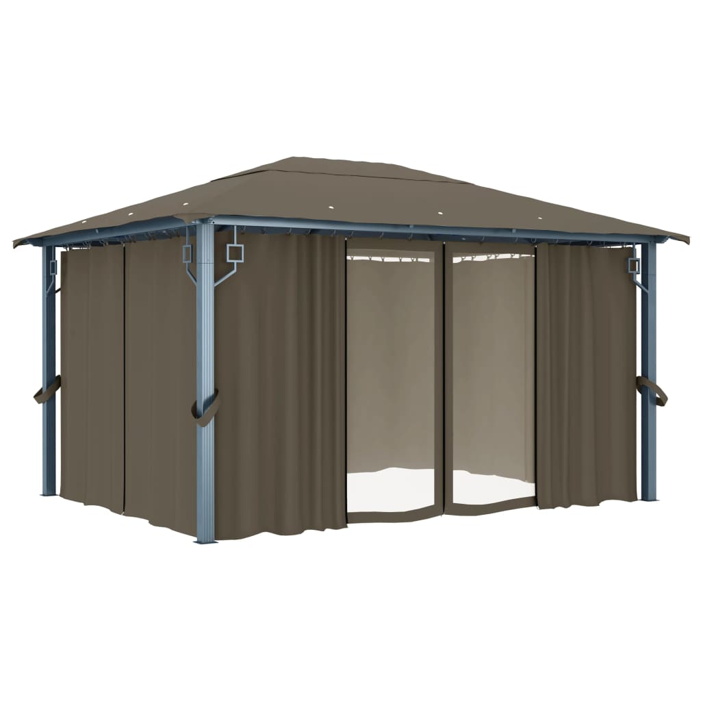 Gazebo c/ cortinas e cordões luzes LED 4x3 m alumínio cinza-ac.