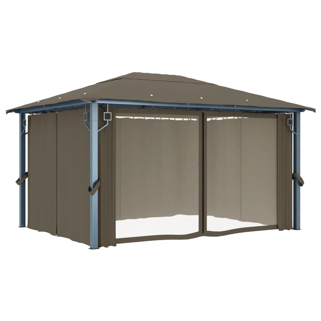 Gazebo c/ cortinas e cordões luzes LED 4x3 m alumínio cinza-ac.
