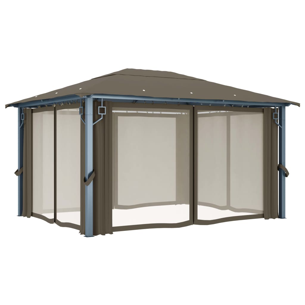 Gazebo c/ cortinas e cordões luzes LED 4x3 m alumínio cinza-ac.