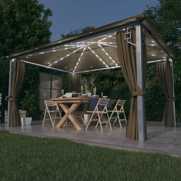 Gazebo c/ cortinas e cordões luzes LED 4x3 m alumínio cinza-ac.
