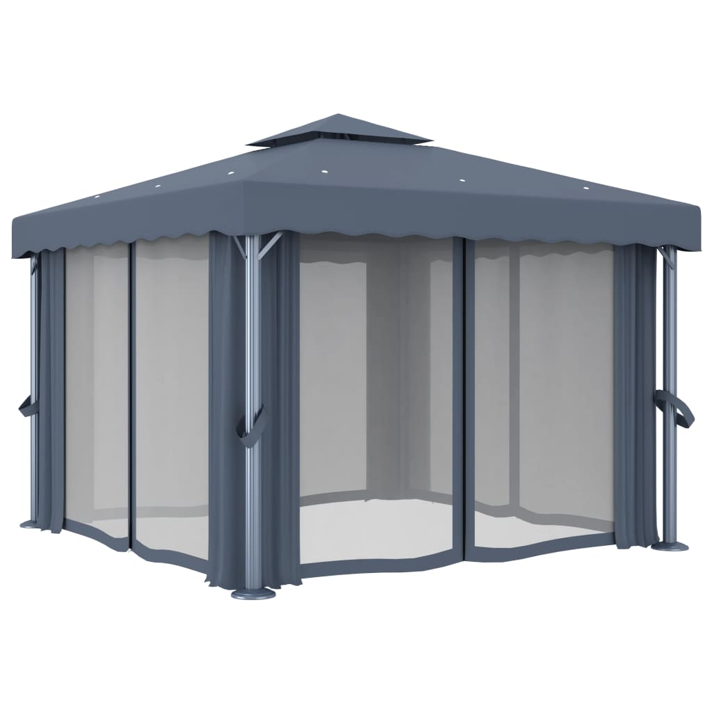 Gazebo com cortinas e cordões de luzes LED 3x3 m antracite