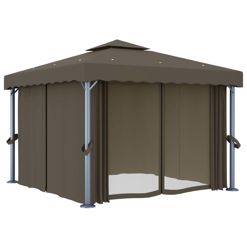 Gazebo com cortinas e cordões de luzes LED 3x3 m cinza-acastan.