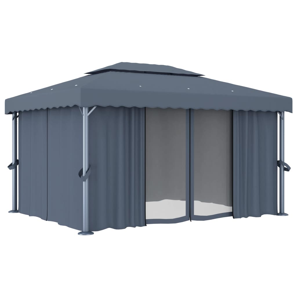 Gazebo com cortinas e cordões de luzes LED 4x3 m antracite