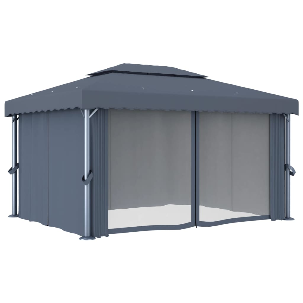 Gazebo com cortinas e cordões de luzes LED 4x3 m antracite