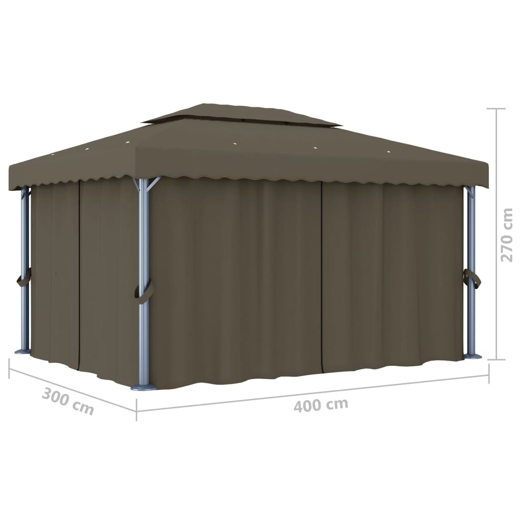 Gazebo com cortinas e cordões de luzes LED 4x3 m cinza-acastan.