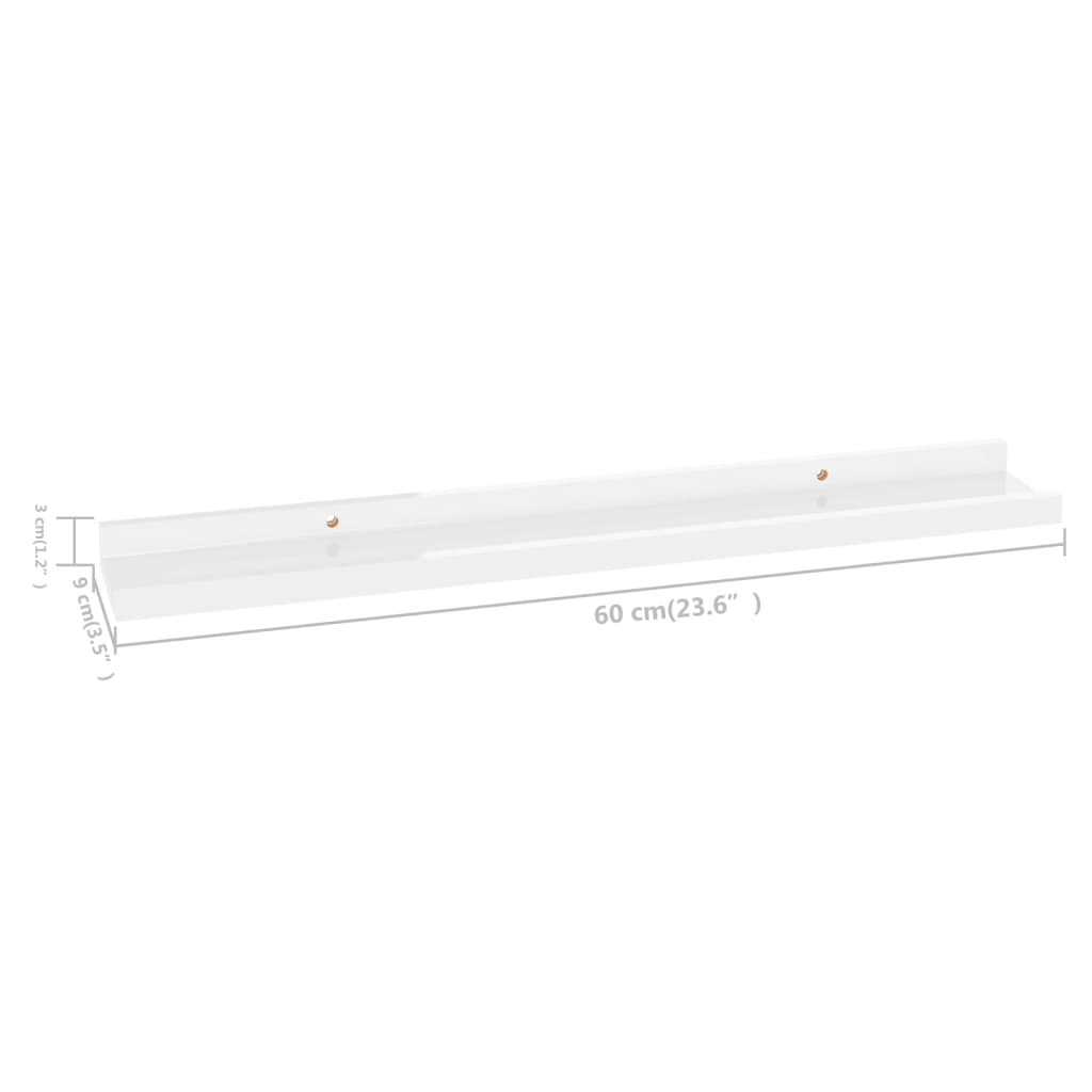 Prateleiras de parede 2 pcs 60x9x3 cm branco brilhante