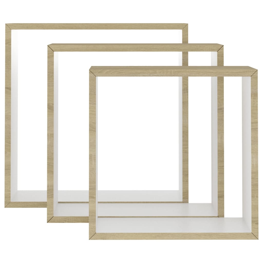 Prateleiras parede forma de cubo 3pcs cm branco/carvalho sonoma