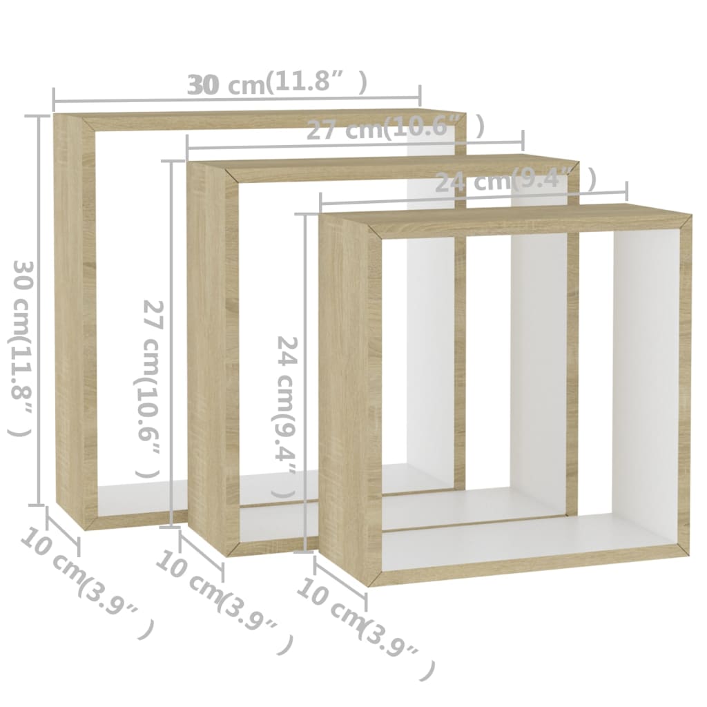 Prateleiras parede forma de cubo 3pcs cm branco/carvalho sonoma