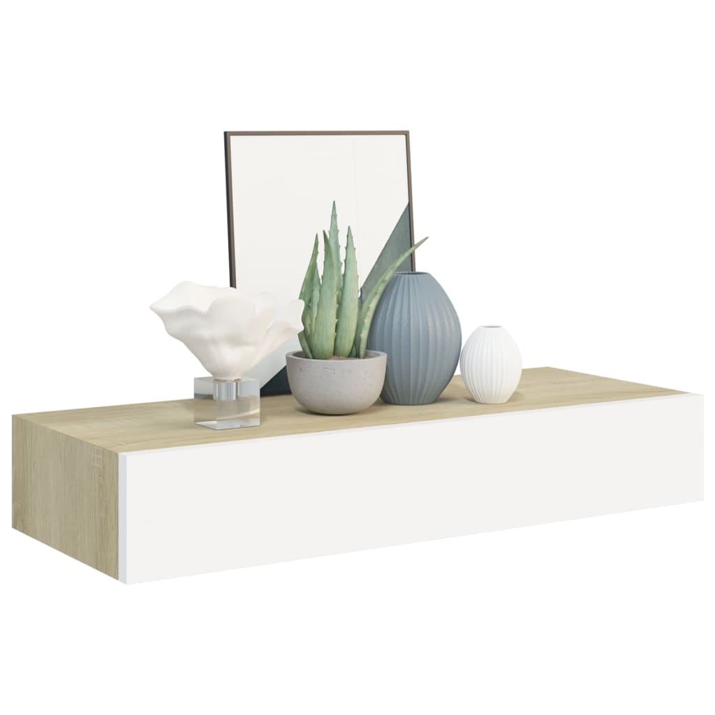 Prateleiras parede c/ gavetas 2pcs MDF carvalho/branco
