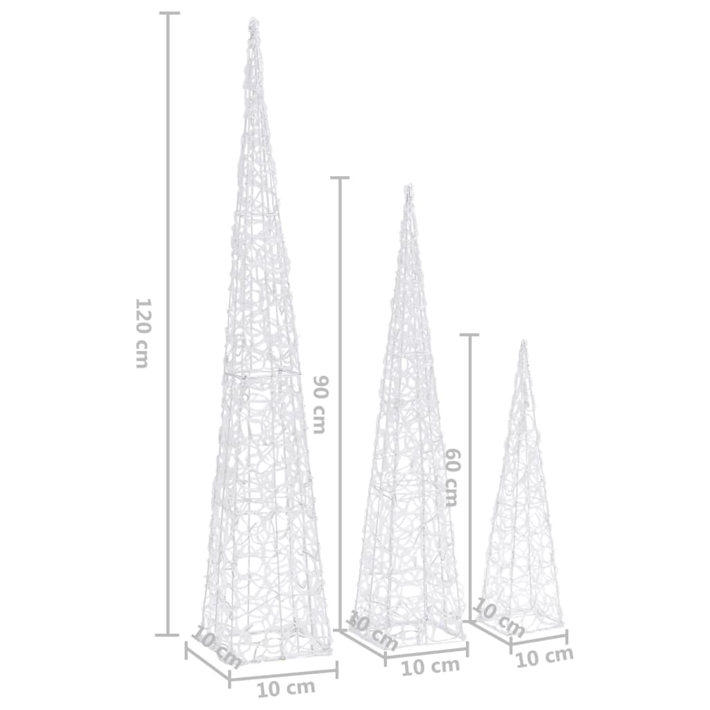 Conj. cones decorativos acrílico 60/90/120cm LEDs branco frio