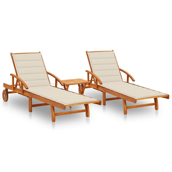 Espreguiçadeiras com mesa e almofadões 2 pcs acácia maciça