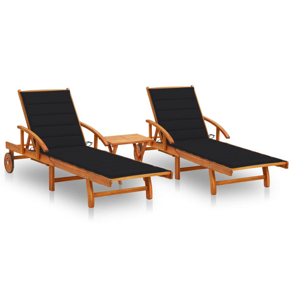 Espreguiçadeiras com mesa e almofadões 2 pcs acácia maciça