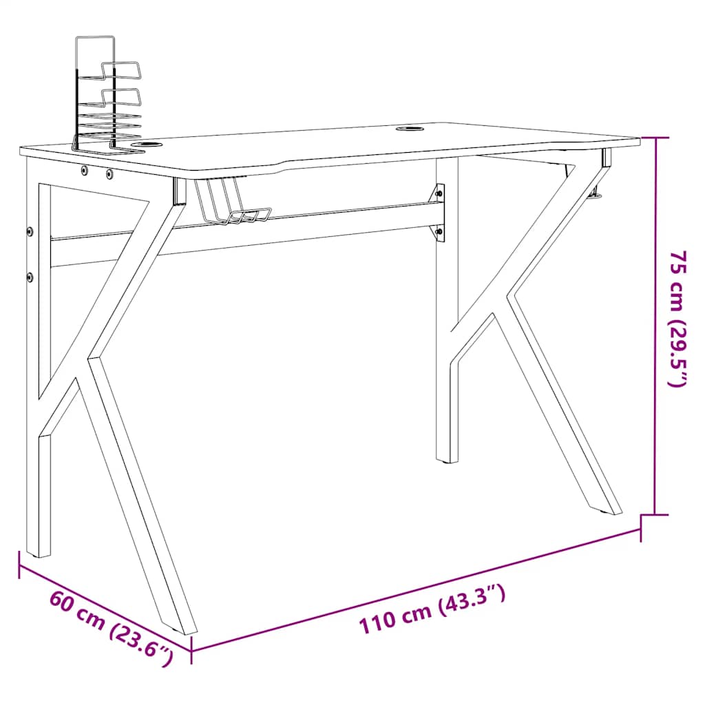 Secretária de gaming c/ pernas em forma de K 110x60x75 cm preto