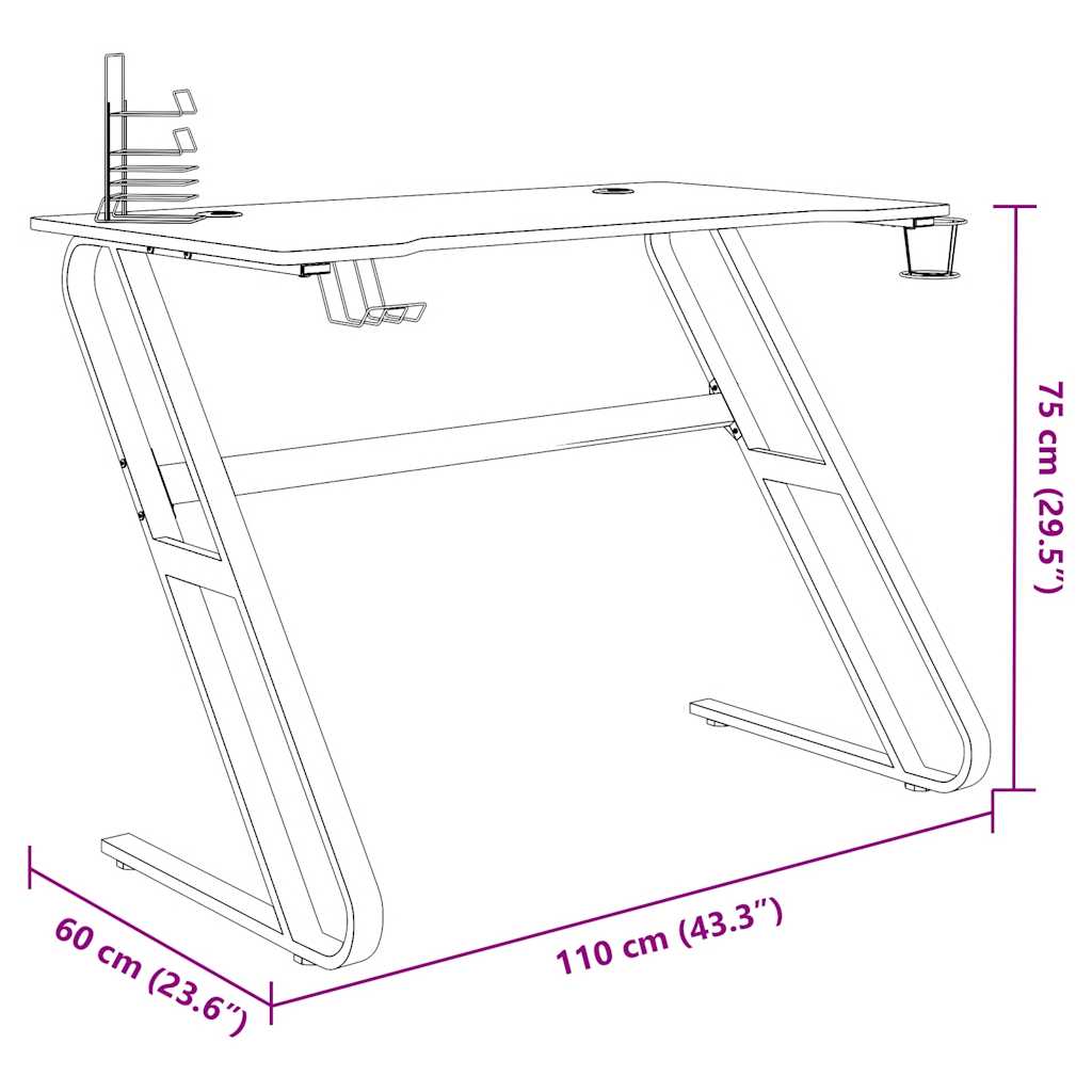 Secretária de gaming c/ pernas em forma de ZZ 110x60x75cm preto