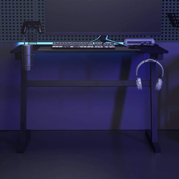 Secretária de gaming c/ luzes LED forma de Z 110x60x75 cm preto