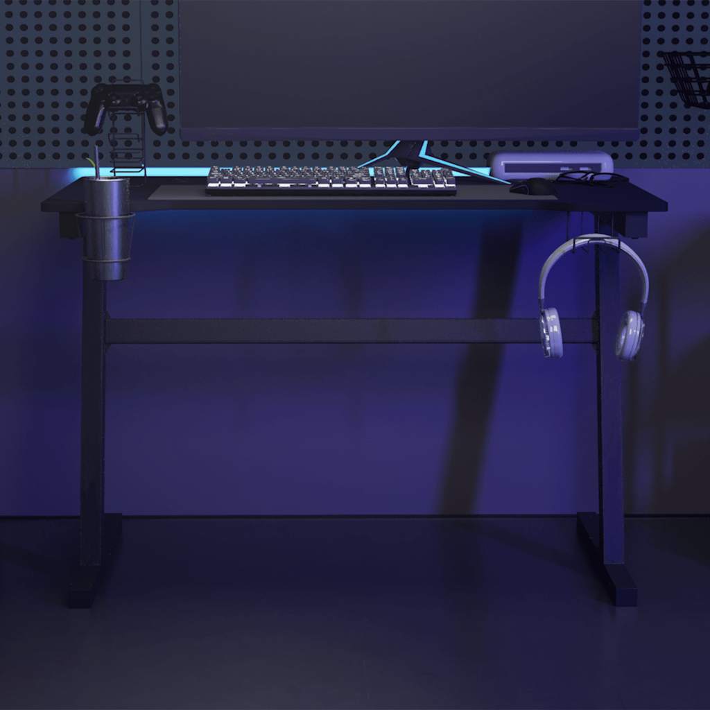 Secretária de gaming c/ luzes LED forma de Z 110x60x75 cm preto