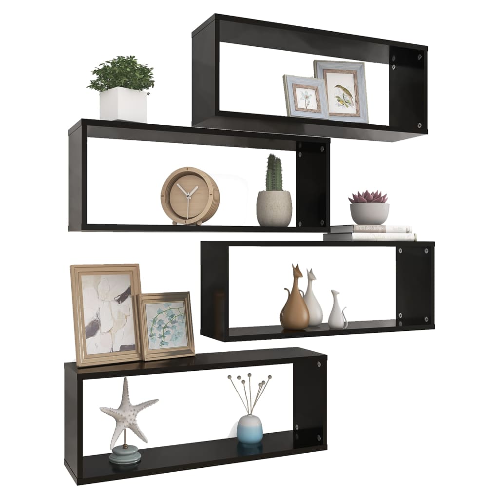 Prateleiras parede forma de cubo 4 pcs derivados madeira preto
