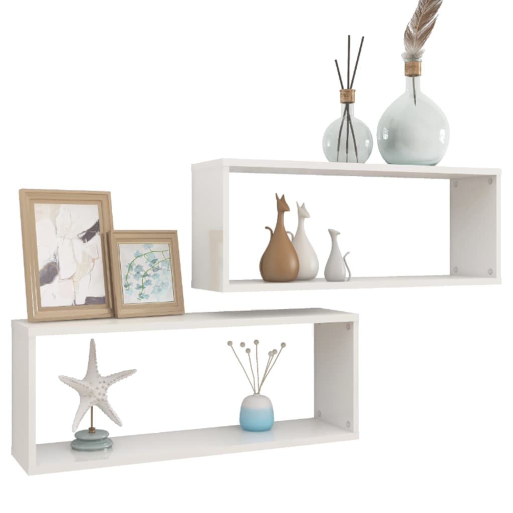 Prateleiras parede cúbicas 2 pcs deriv. madeira branco brilh.