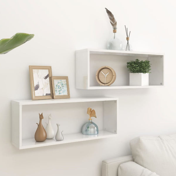 Prateleiras parede cúbicas 2 pcs deriv. madeira branco brilh.