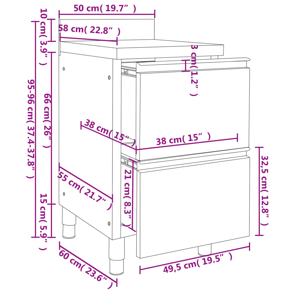 Armário de cozinha comercial com 2 gavetas 50x60x96 cm