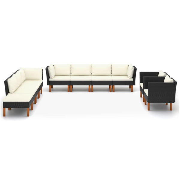10 pcs conj. lounge jardim vime PE e madeira de eucalipto preto