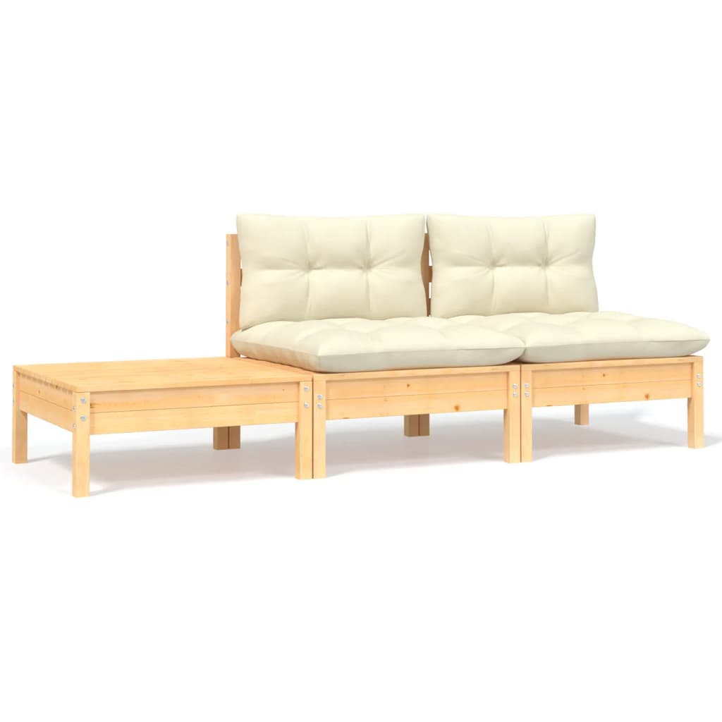 3 pcs conjunto lounge jardim c/ almofadões creme pinho maciço