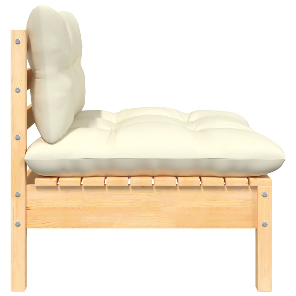 3 pcs conjunto lounge jardim c/ almofadões creme pinho maciço