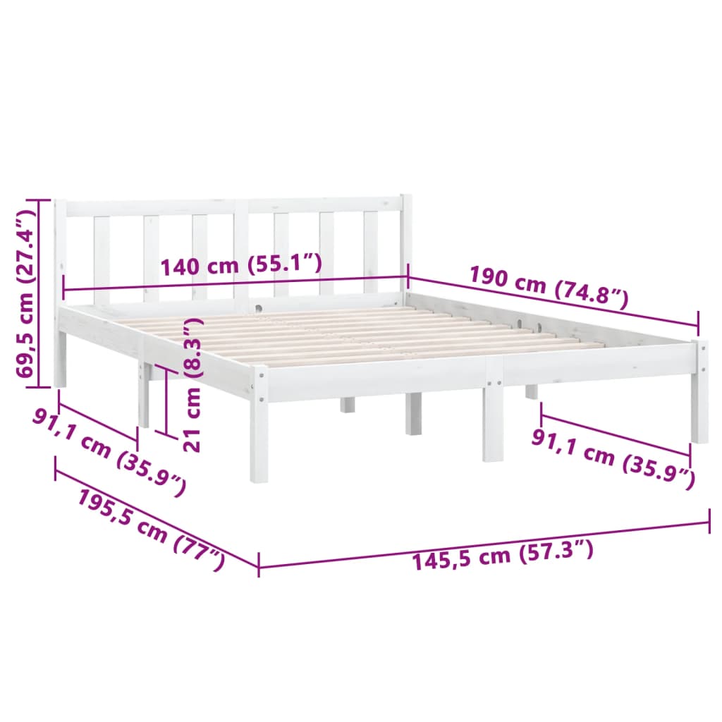 Estrutura de cama 140x190 cm pinho maciço branco