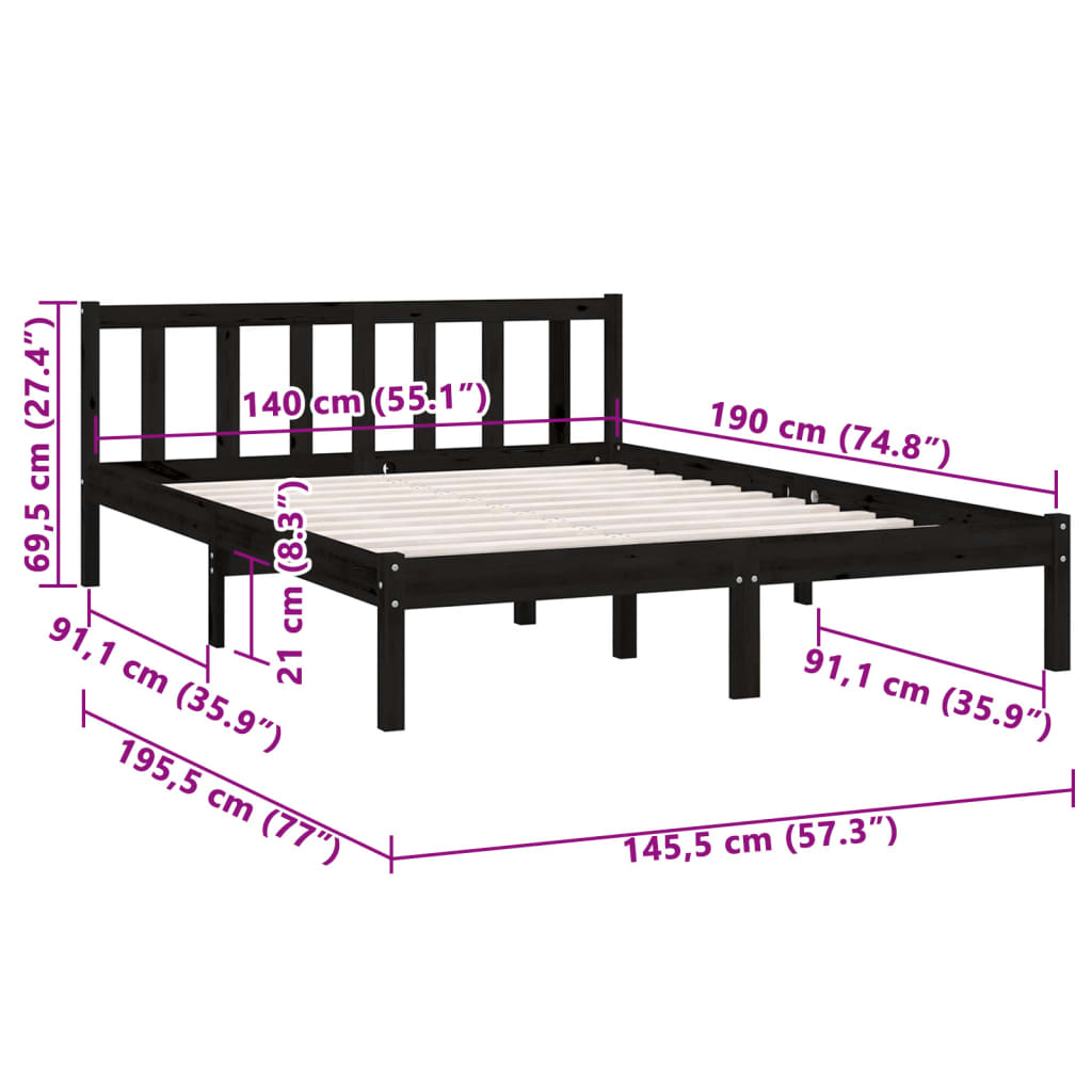 Estrutura de cama 140x190 cm pinho maciço preto