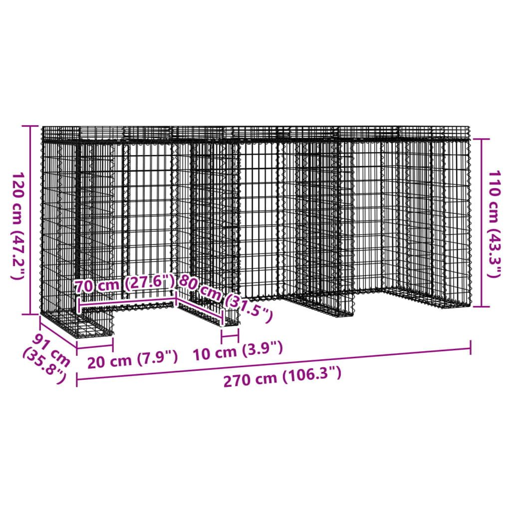Muro gabião p/ caixote do lixo 270x91x120 cm ferro galvanizado