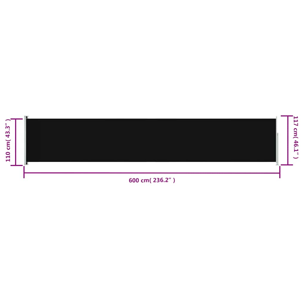 Toldo lateral retrátil para pátio 117x600 cm preto