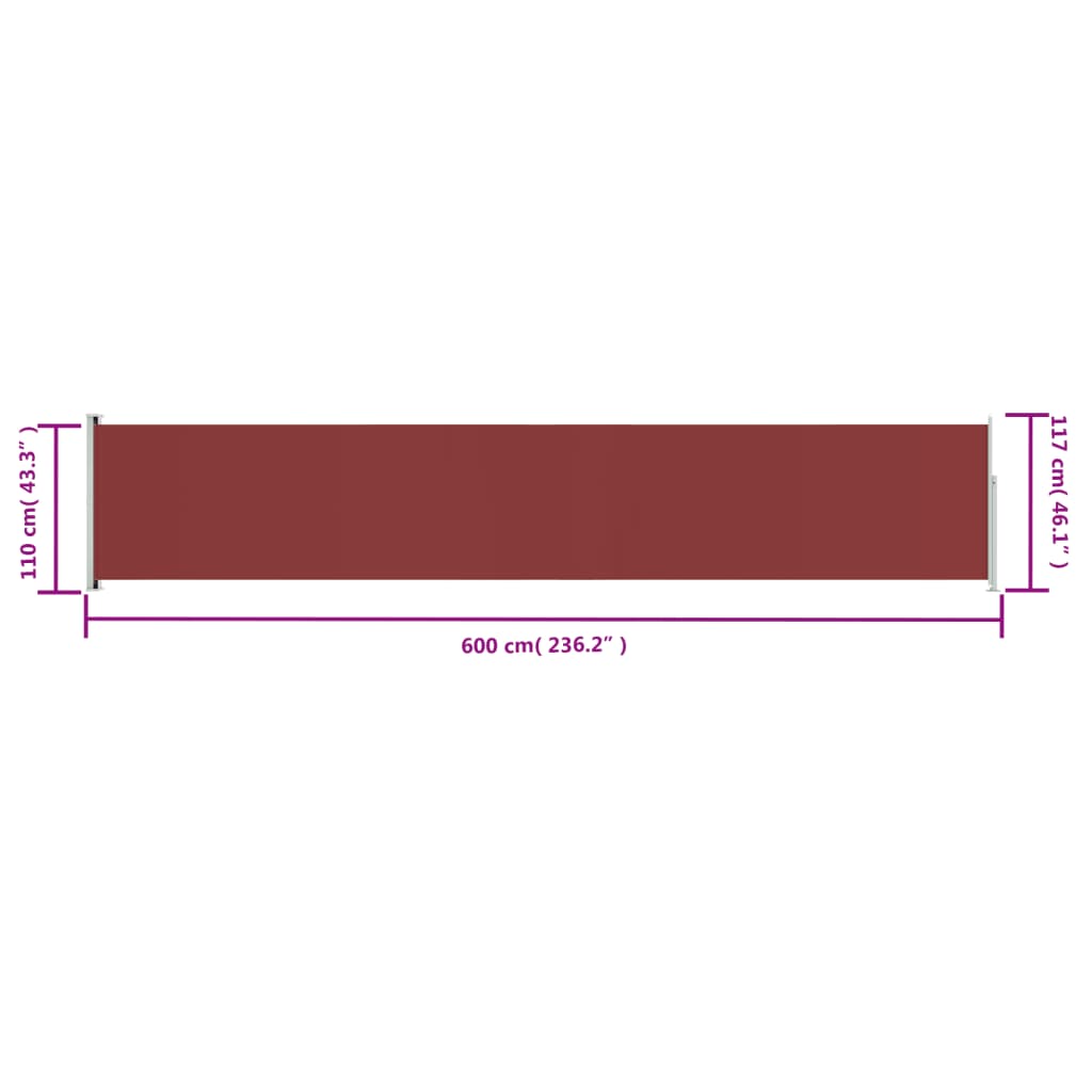 Toldo lateral retrátil para pátio 117x600 cm vermelho