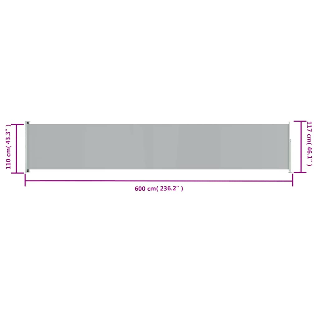 Toldo lateral retrátil para pátio 117x600 cm cinzento