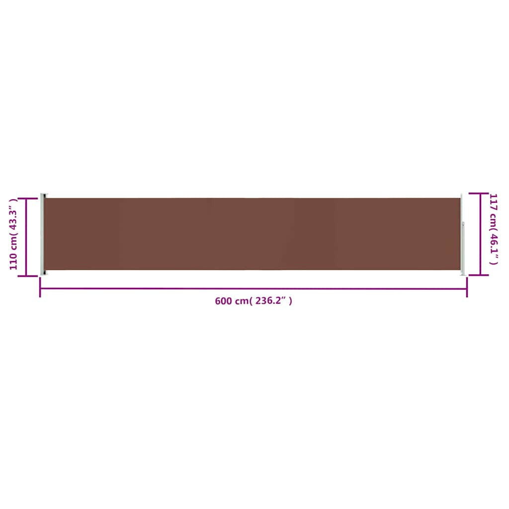 Toldo lateral retrátil para pátio 117x600 cm castanho