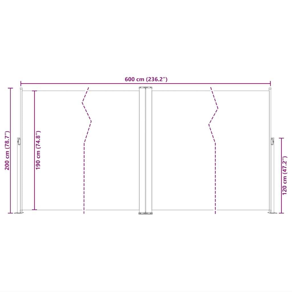 Toldo lateral retrátil 200x600 cm preto